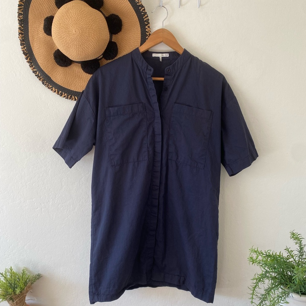 OAK + FORT Navy Blue Oversized Cotton Short Sleeve Button Down Shirt Dress Tunic